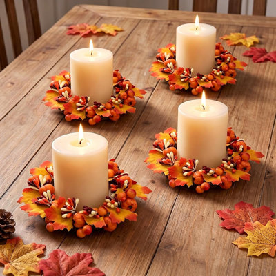 4 Pack Handcrafted Fall Candle Rings, Artificial Pumpkin Maple Leaf Mini Wreaths for Thanksgiving Harvest Farmhouse Table Centerpiece Decor
