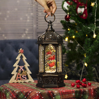 12.8 - inch Christmas Snow Globe Lantern with Swirling Glitter - Three Cardinals in The Tree Design, Lighted & Musical, USB/Battery Operated Home Decoration