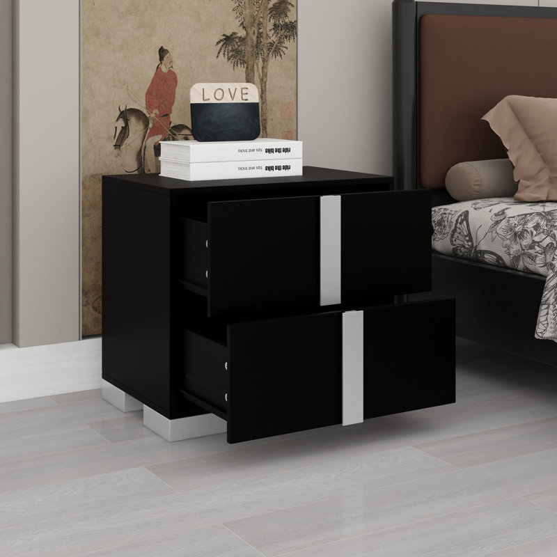 Table de chevet élégante à miroir avec 2 tiroirs, finition brillante et poignée en métal pour la chambre à coucher et le salon