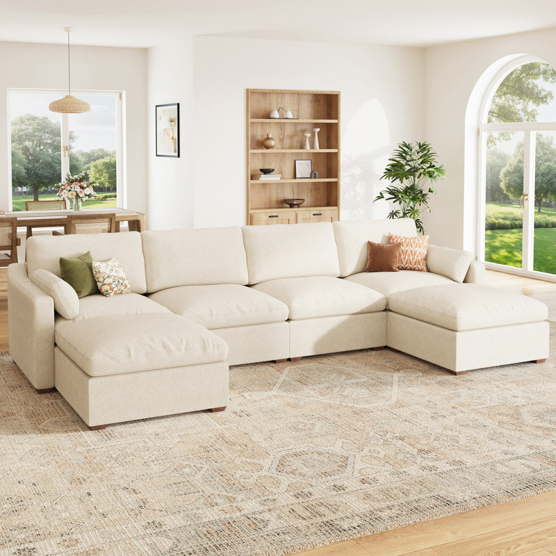 Abramson Upholstered U-Shaped Chenille Sectional Cloud Sofa, White Chenille