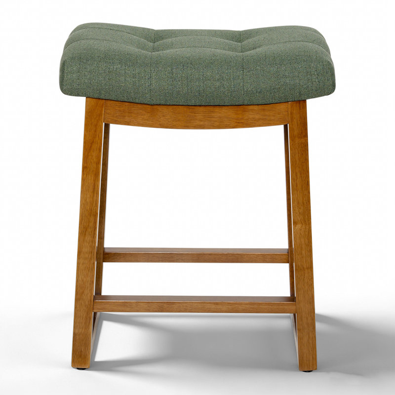 24'' Saddle Seat Counter Height Barstool with Solid Frame, Green Linen/Wood