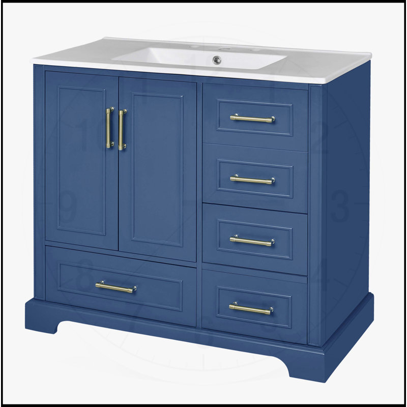 Meuble-lavabo de salle de bain traditionnel exquis avec lavabo en céramique et beaucoup de rangement, Bleu, Or
