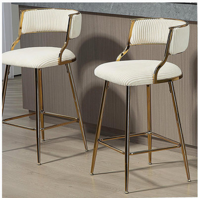 Tabouret de bar pour îlot de cuisine en velours côtelé avec dossier, base chromée dorée et repose-pieds, ensemble de 2