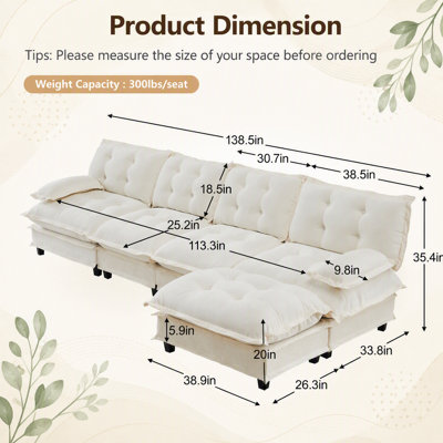 138 Inch L-Shaped Modular Sofa with Ottoman, 4-Seat Chenille Deep Seat, Comfy Lattice Cushions for Apartments and Bedrooms, Green
