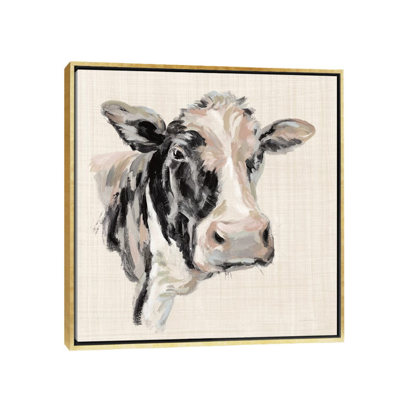 «Expressionistic Cow I Neutral Linen» par Silvia Vassileva - impression d'art graphique, Gold Framed, Pas de tapis