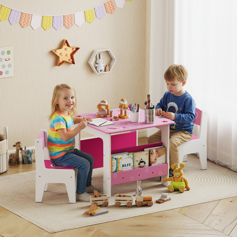 AIYAPLAY Kids Table and Chair Set with Bookshelves, 2 Chairs 3 Pieces Pink