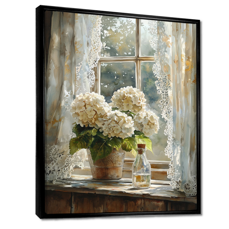 «Farmhouse Hydrangeas And Lace Curtains II - Hydrangea», reproduction sur toile encadrée, Noir, H 20 po x l 12 po