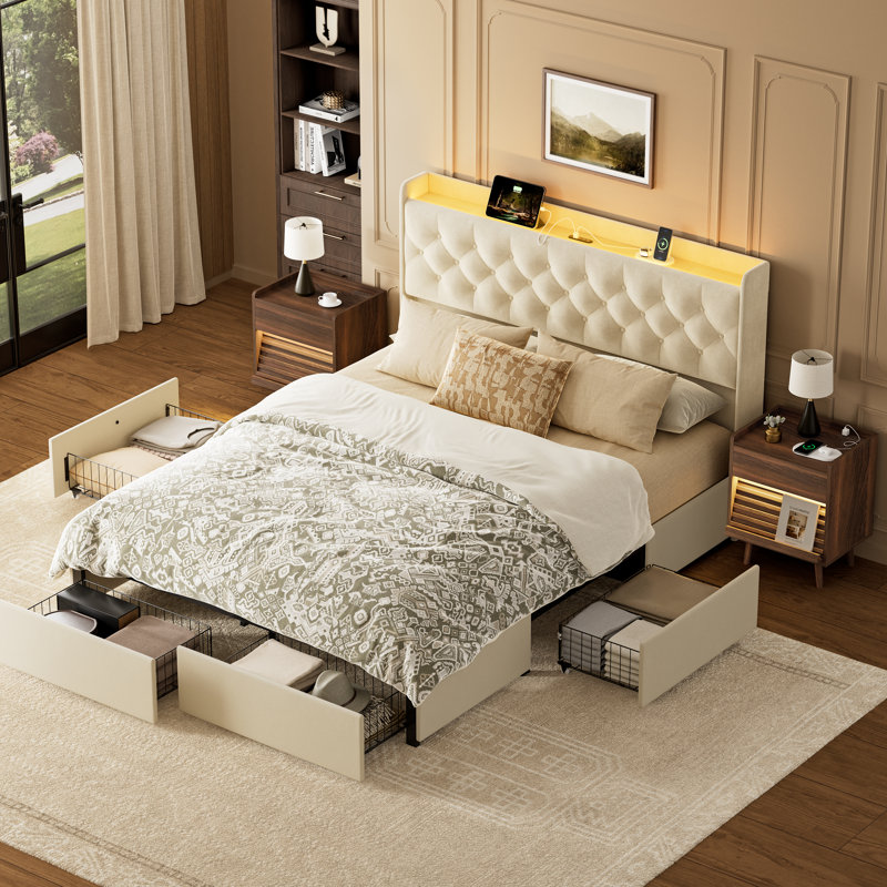 Ensemble de chambre à coucher 3 pièces, lit tapissier à 4 tiroirs, ensemble de 2 tables de chevet multifonctionnelles