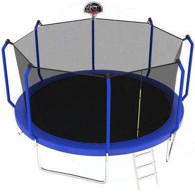 14FT Trampoline With Basketball Hoop, ASTM Approved Reinforced Type Outdoor Trampoline With Enclosure Net