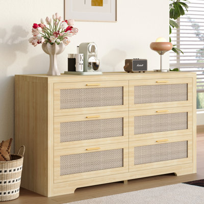 Rattan Storage Dresser With 6 Drawers, Wooden Cabinet For Bedroom & Living Room