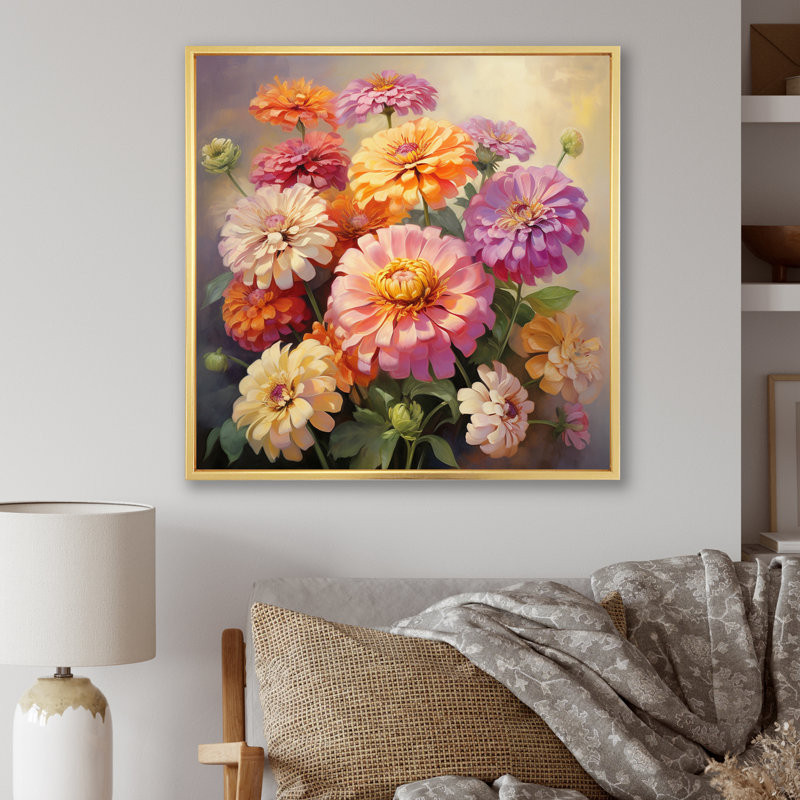 "Colorful Zinnias", impression romantique sur toile encadrée, H 24 po x l 24 po x P 1 po, Cadre flottant doré