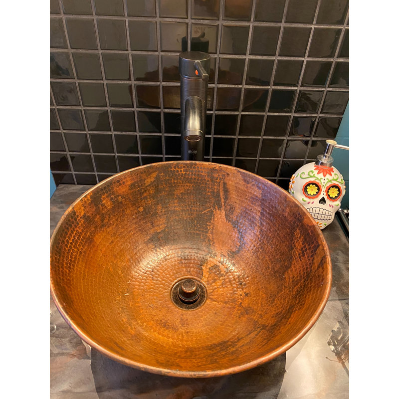 14"  Round Copper Vessel Bathroom Sink, Natural Fire