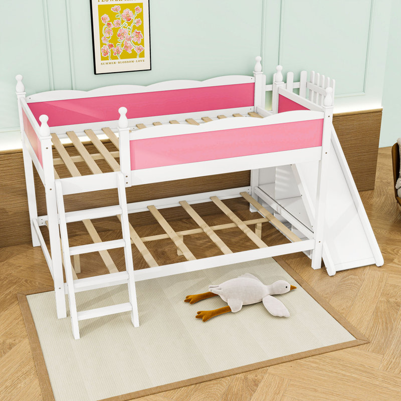 Lit superposé double en bois avec glissière, échelles et tablettes intégrées, Pink White