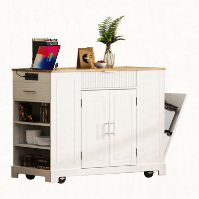 Rolling Kitchen Island On Wheels With 3 Drawers&Cabinet, Storage And Power Outlet, Portable Kitchen Island Cart