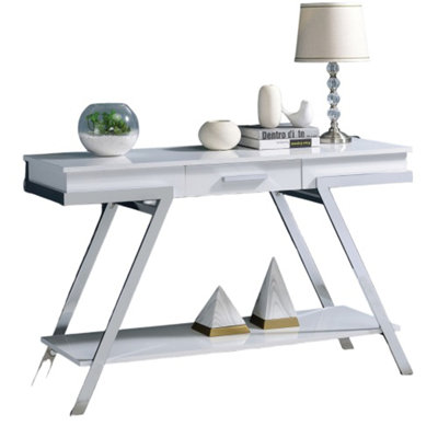 Contemporary White Sofa Table With High Gloss Finish And Chrome Frame
