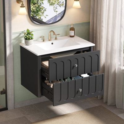 Meuble-lavabo de salle de bain flottant 30 po avec poignées ovales et bord arrondi