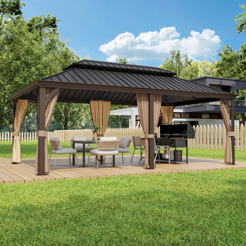 19.8 FT.W × 11.9 FT.D Outdoor 2-Tier Steel Hard Top Patio Gazebo with Total Mesh Protection, 120" H x 237.6" W x 142.8" D