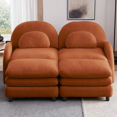 Teddy Fabric 2-Seater Sofa with 2 Ottomans, Soft Cloud-Like Modular Sectional Couch, Curved Backrest, Supportive Double-Layer Cushion & Lumbar Pillows for Living Room, Cozy Lounge