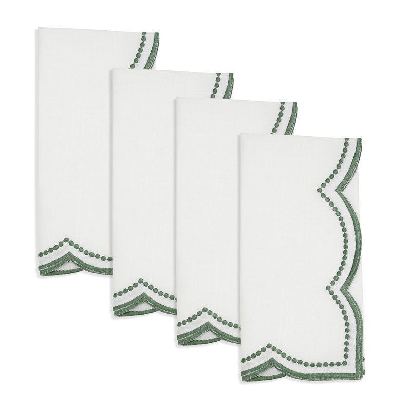 Green Embroidered Polka Dot Scallop Border Cloth Napkins 20" W X 20" L, Set Of 4, Green