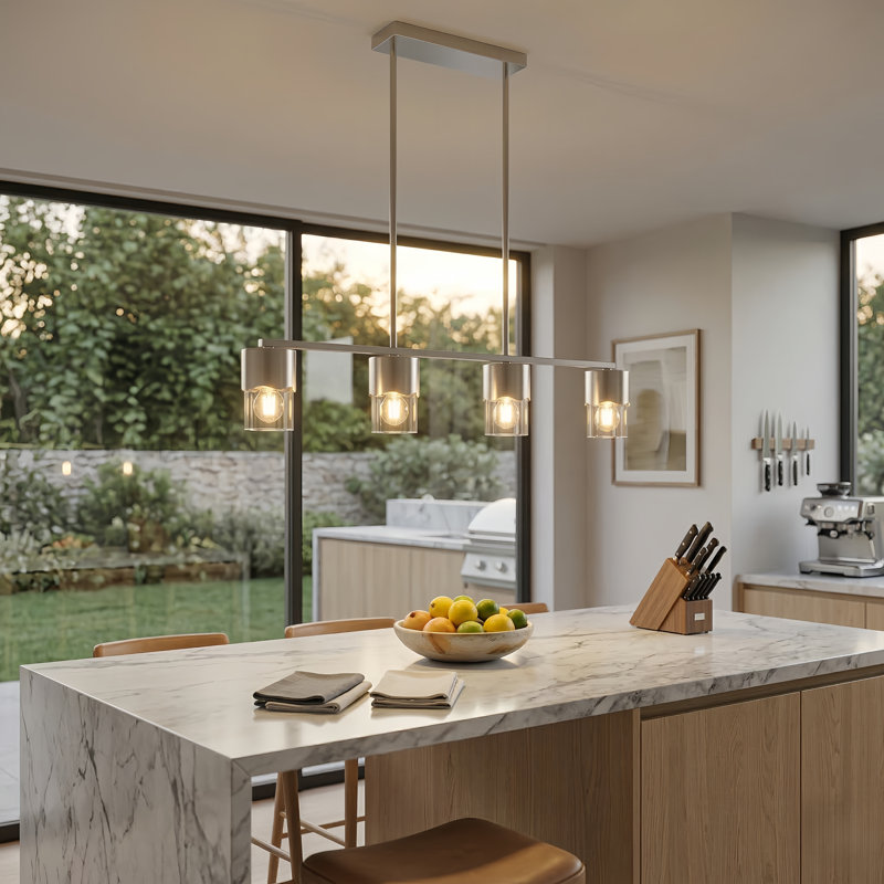 Kailyn 4-light 36" Metal And Glass Modern Linear Pendant Light With Adjustable Rod For Kitchen Island, Polish Nickel