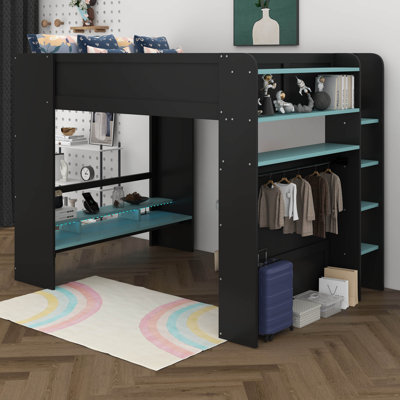 Lit superposé double pleine grandeur avec bureau à hauteur réglable et garde-robe, lit mezzanine en bois avec lumières RVB, chargement USB, gestion des câbles