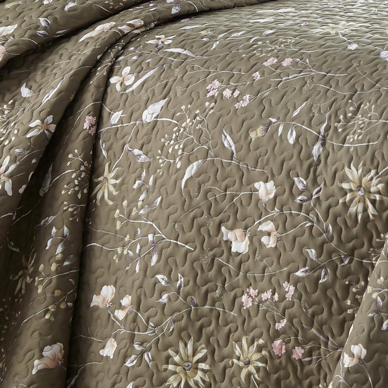 Secret Meadow Microfiber Reversible Quilt Set, Olive Brown, Twin Quilt + 1 Standard Sham