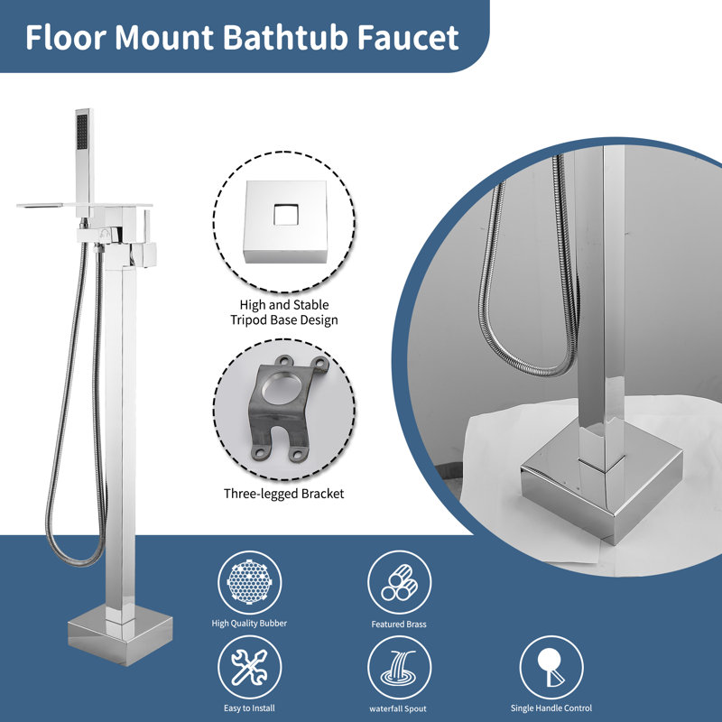 Tub Filler Freestanding Bathtub Faucet Polished Chrome Floor Mount Tub Faucet Waterfall Free Standing Bathtub Filler High Flow Brass Bath Shower Faucets With Handheld Sprayer