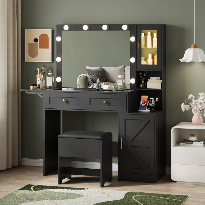 Vanity Desk with 3 Lighting Modes, RGB Ambient Light & Power Outlets, Small White Makeup Table Set with Storage Drawers, Chair and Mirror