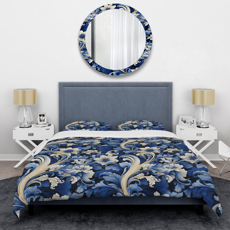 Ensemble de housse de couette V cobalt bleu et blanc à motif floral victorien