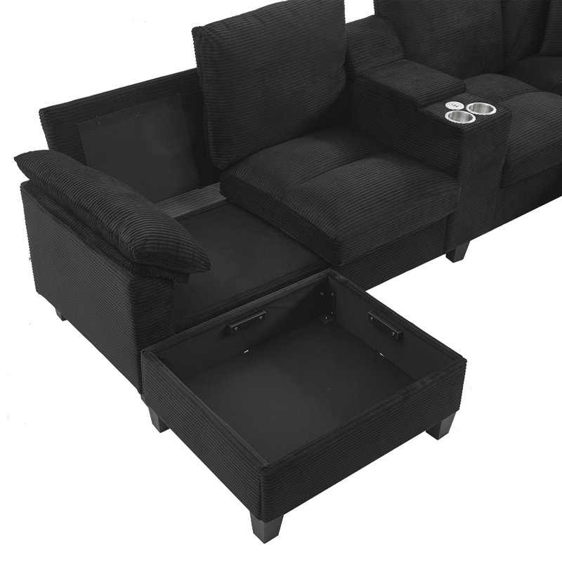 U-shaped Sectional Sofa (Black), Black Corduroy