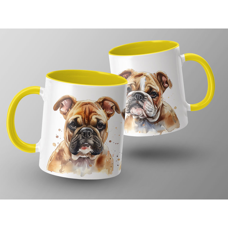 11oz Watercolour English Bulldog Trio Design Coffee Mug, 3, Yellow
