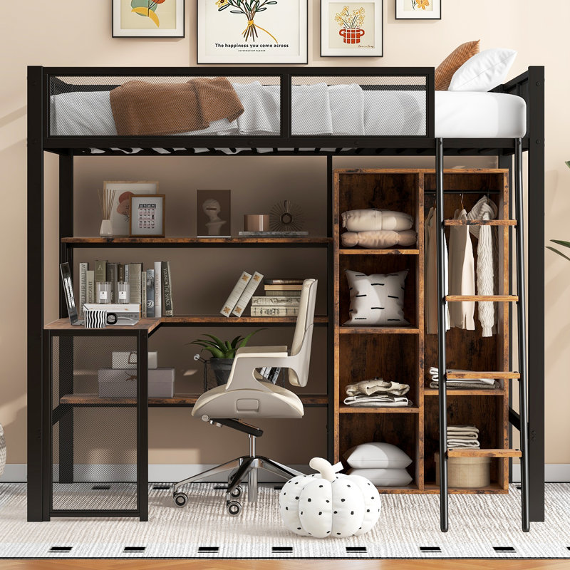 Lit mezzanine en métal avec bureau intégré, garde-robe et tablettes