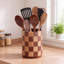 Checkered Wooden Rotating Utensil Holder for Kitchen Counter, Spatula Organizer Crock for Countertop Storage
