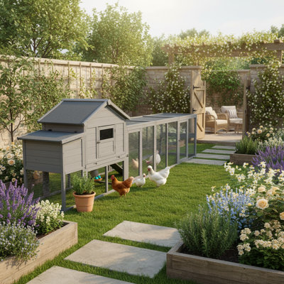 141" Large Wooden Chicken Coop with Outdoor Run, Nesting Box, Pull-Out Tray and Locking Doors for 6-10 Chickens, Slate Gray