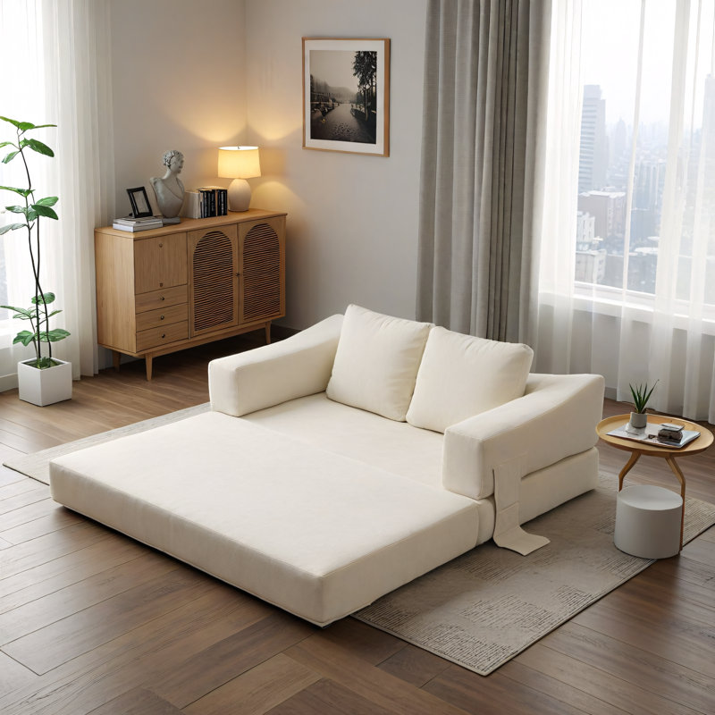 Dential 70.87" Upholstered Convertible Sleeper Sofa, White