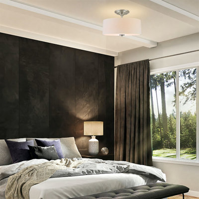 Plafonnier semi-encastré 2 lumières avec abat-jour tambour en tissu blanc cassé Brightman 13, finition nickel brossé