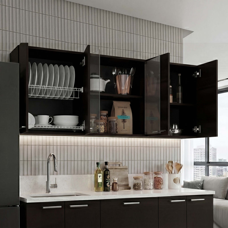 Meuble de rangement mural de cuisine TUHOME Jewlia 150 cm (L) à 6 portes avec égouttoir et étagères ouvertes – Noyer teinté
