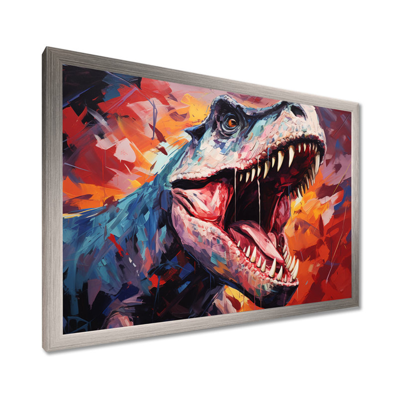 Popart TRex dinosaur II - dinosaure, art mural, L 24 po x H 32 po x P 1 po, Cadre de coin fermé argenté