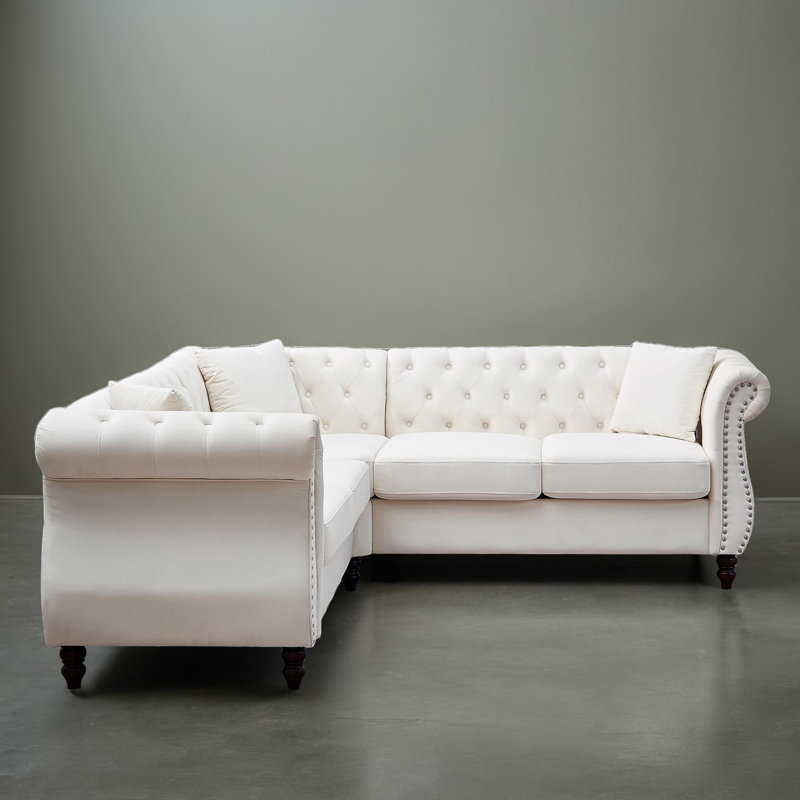 84" Wide L-Shaped Corner Sectional Sofa, Beige Velvet