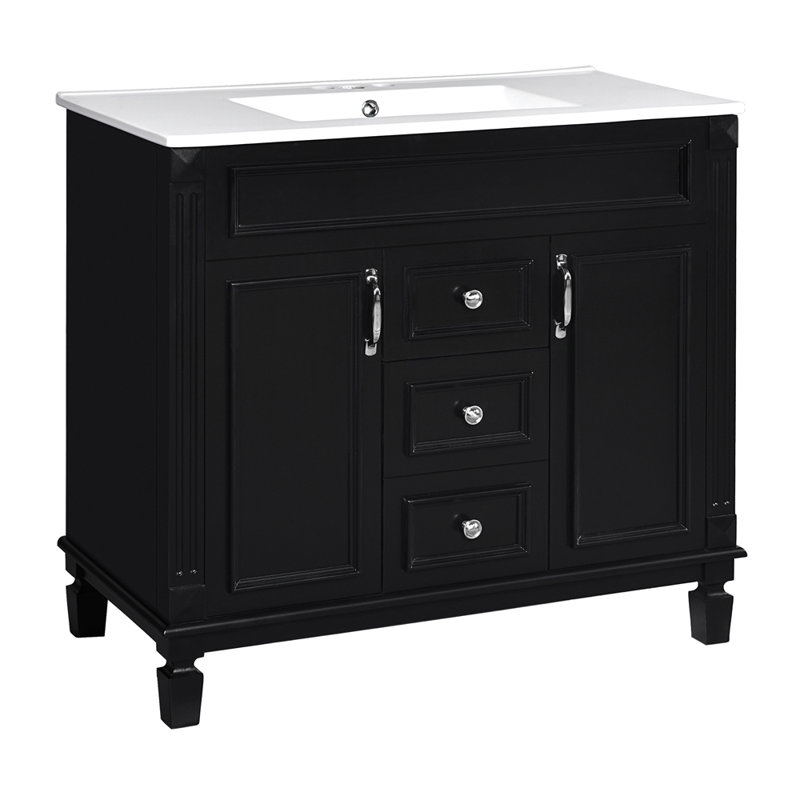 Meuble-lavabo 36 po avec lavabo supérieur, armoire de rangement moderne avec 2 portes à fermeture douce et 2 tiroirs, Noir