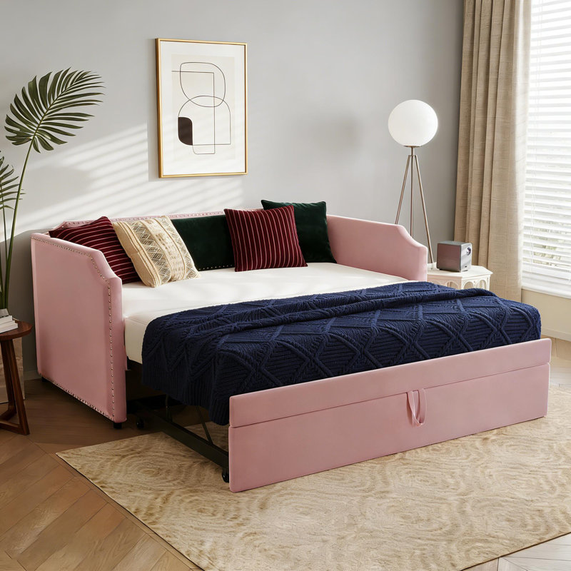 Twin To King Upholstered Daybed With Pop Up Trundle, Pink