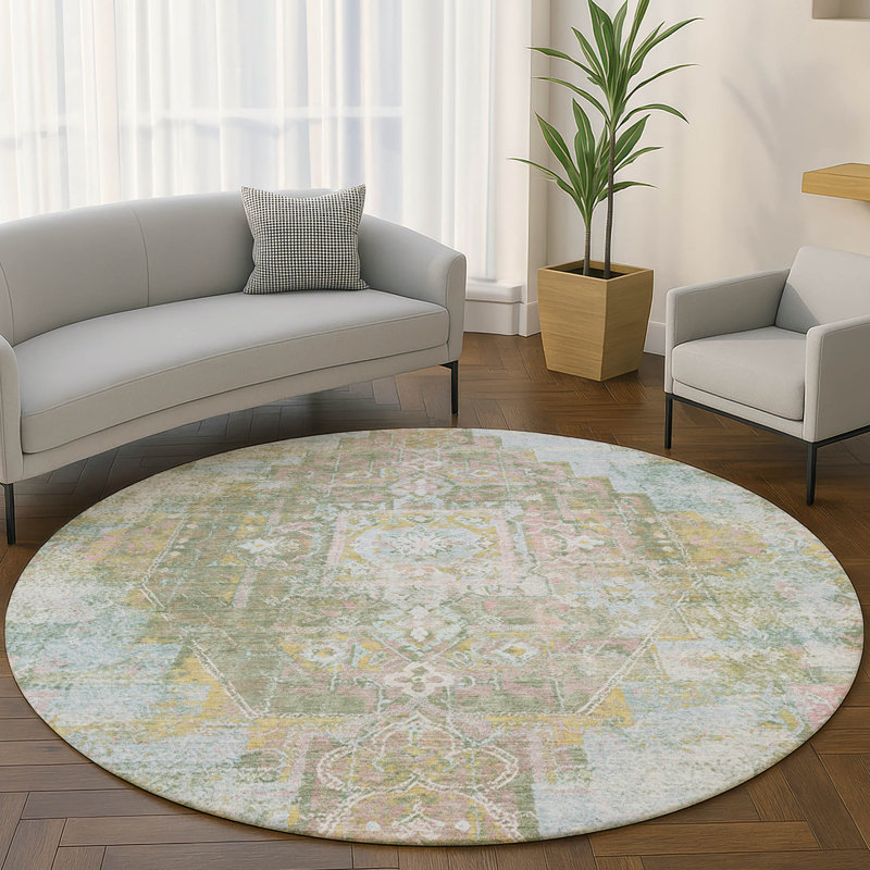 Premium Machine Washable Mayfield AMF2140 global Rug, Green, 8' Round