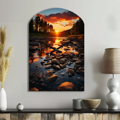 Kentucky Landscape River - Orange Arch Metal Clock, Modern Asymmetrical Metal Clock Print