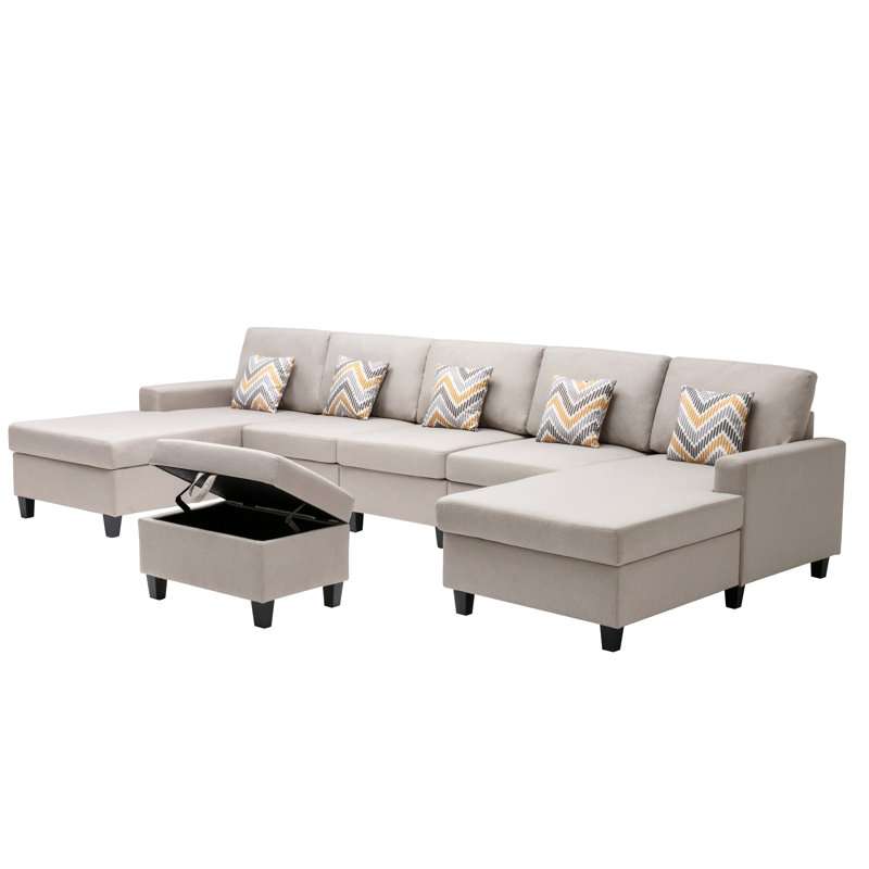 Upholstered U-Shaped Sectional Symmetrical, Beige Linen