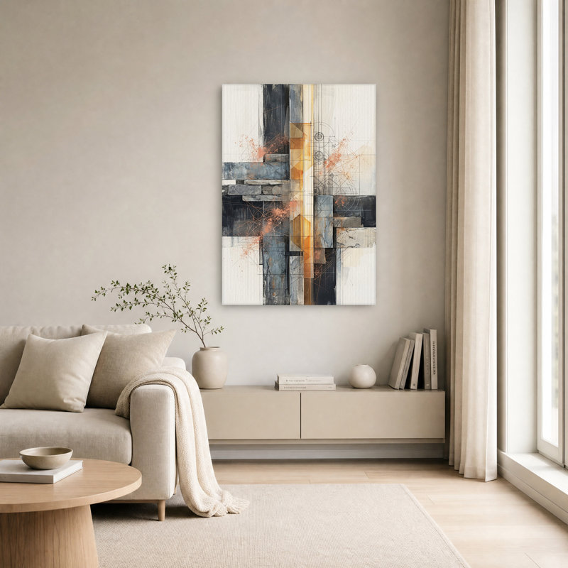 Tableau géométrique abstrait sur toile gris et orange, H 36 po x l 24 po