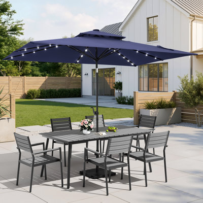 6-Person Aluminum Outdoor Dining Set with Stacking Chairs, Solar LED Light Umbrella and Weighted Base