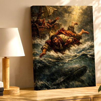 Reproduction d'art sur toile baleine biblique, tempête de mer, homme par-dessus bord, baleine, œuvre d'art moderne décorative pour salon, bureau de chambre à coucher, couloir, décoration murale