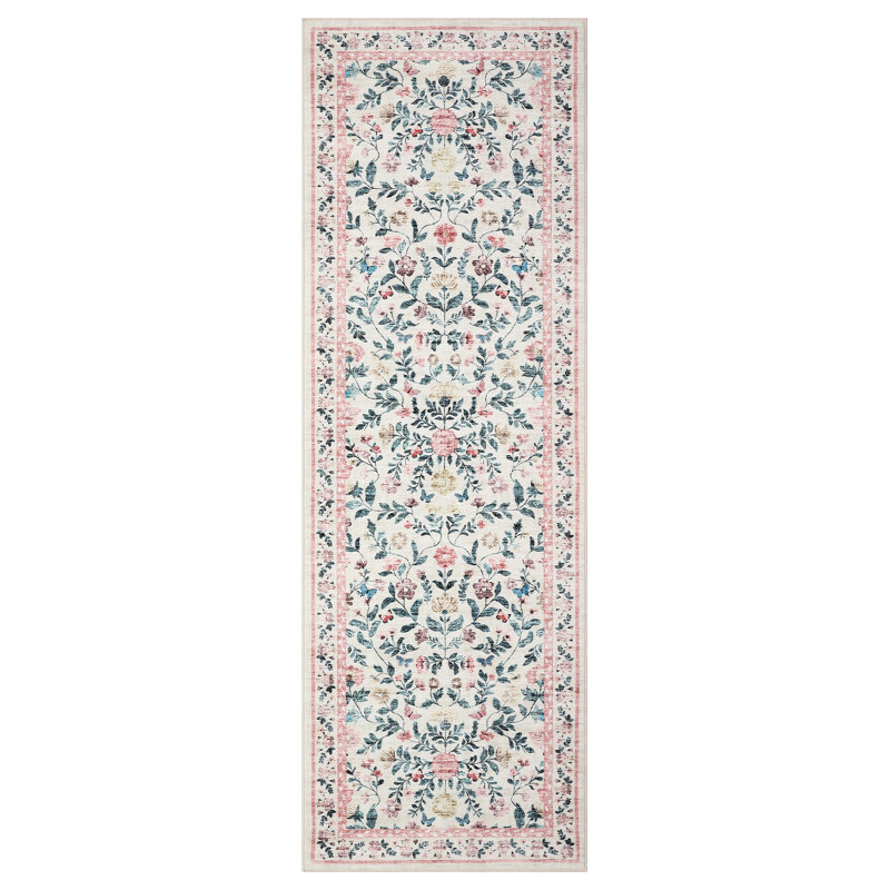 Washable Rugs Non Slip Area Rugs for Bedroom,Farmhouse Floral Carpets for Hallway,Dining Room,Bathroom,Nursery, Pink