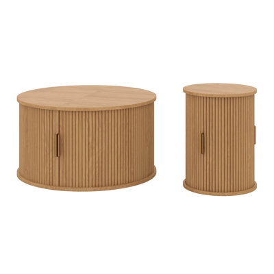 Ensemble de 2 tables basses, table de bout ronde cannelée avec étagère de rangement et porte de tambour coulissante, tables gigognes à poignée dorée