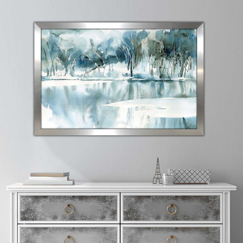 «Blue Reflections» par Katrina Pete - Peinture, Encadrement argenté, H 27,5 po x l 39,5 po x P 0,75 po
